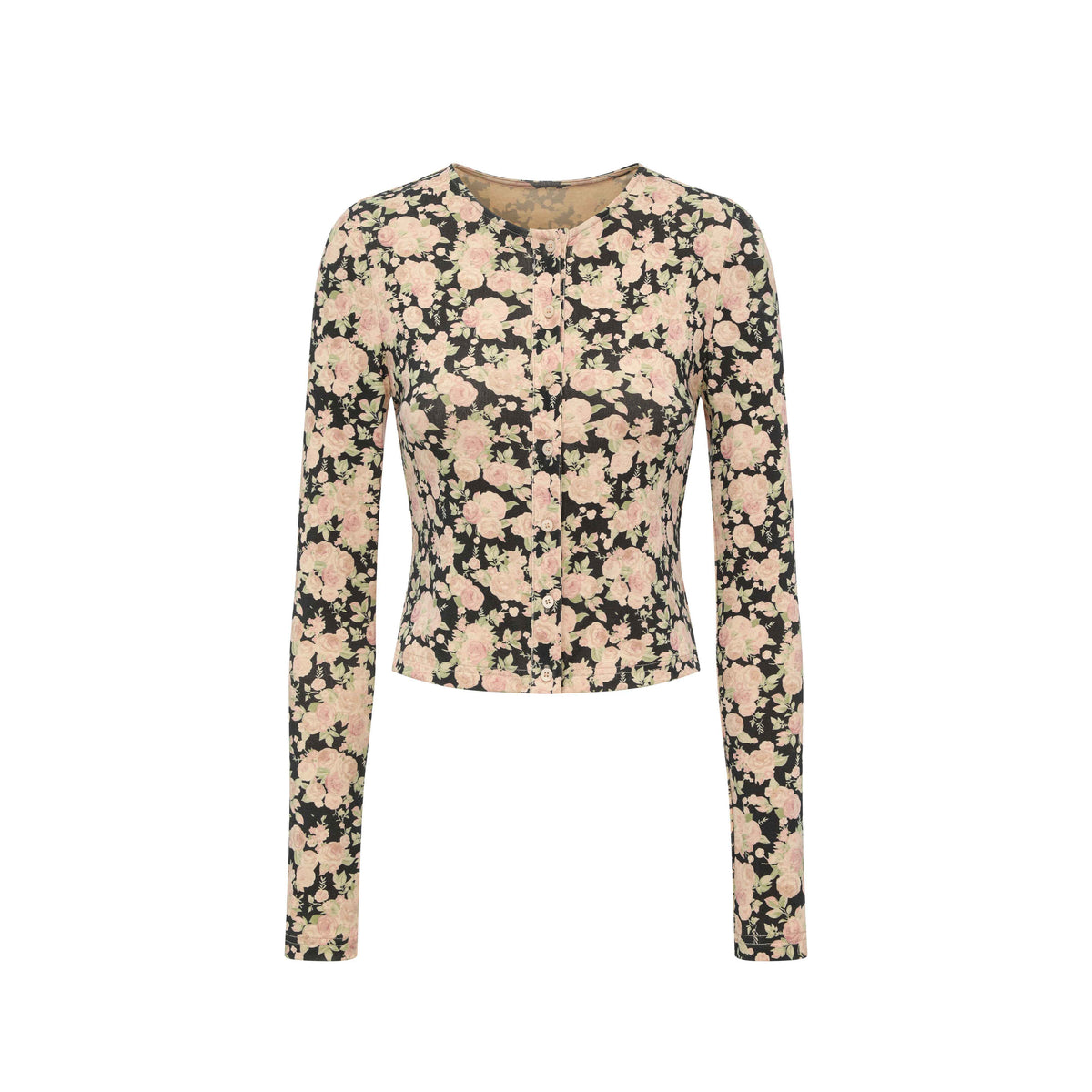 Cropped Floral Print Fitted Round Neck Women'S Cotton Cardigans