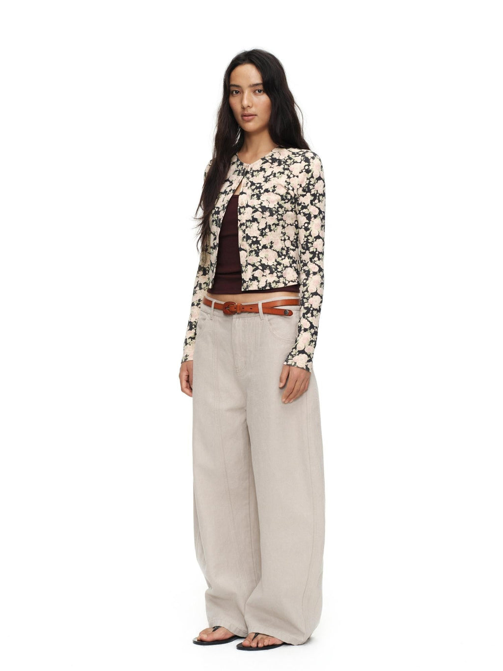 Cropped Floral Print Fitted Round Neck Women'S Cotton Cardigans