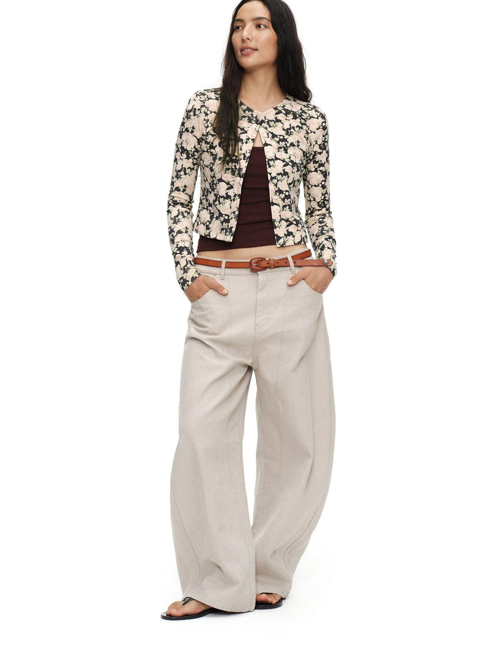 Cropped Floral Print Fitted Round Neck Women'S Cotton Cardigans