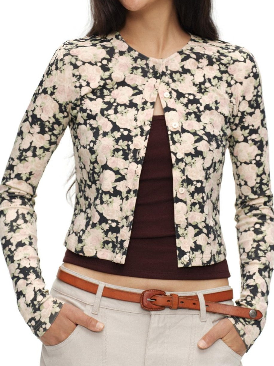Cropped Floral Print Fitted Round Neck Women'S Cotton Cardigans