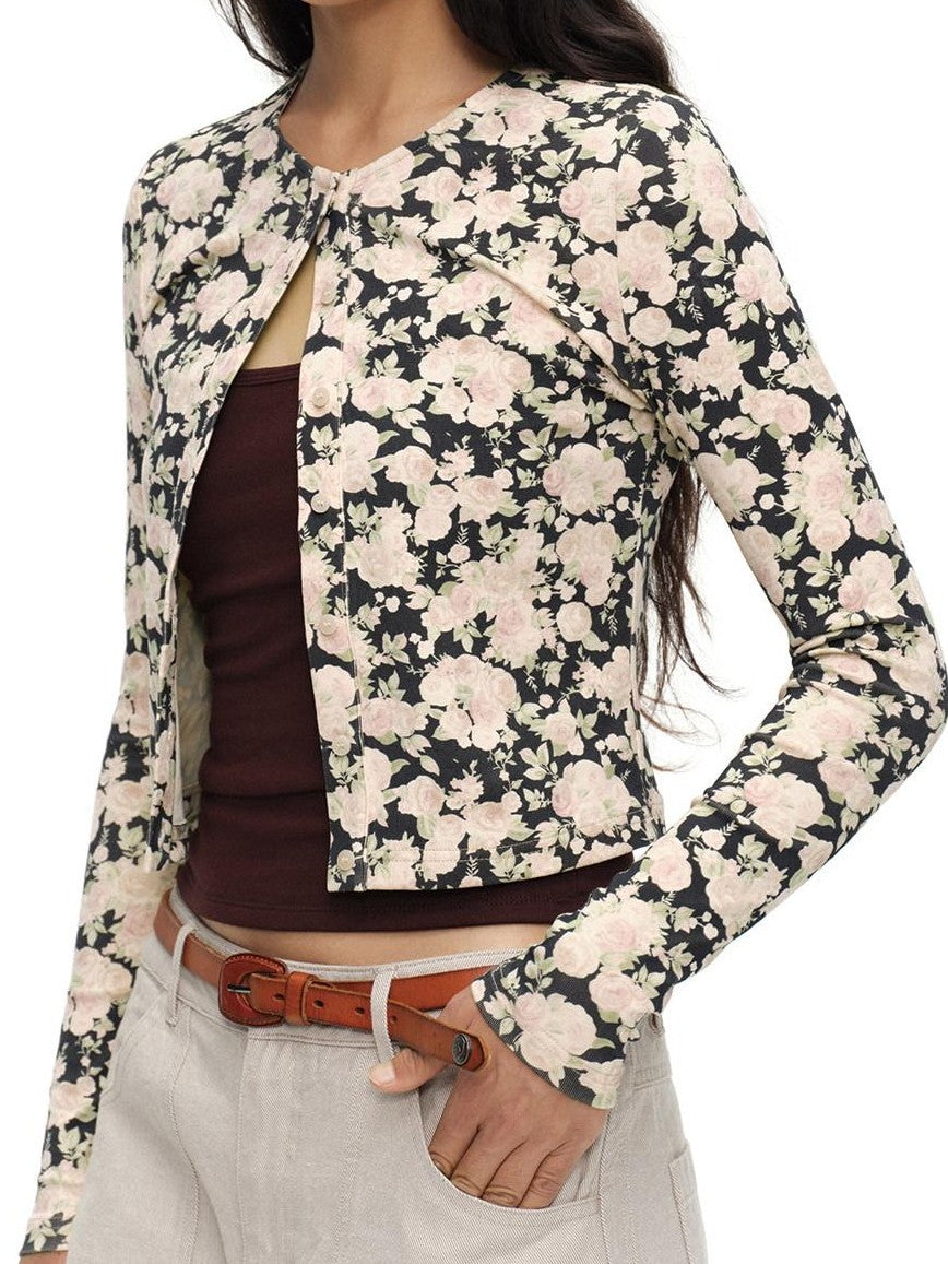 Cropped Floral Print Fitted Round Neck Women'S Cotton Cardigans