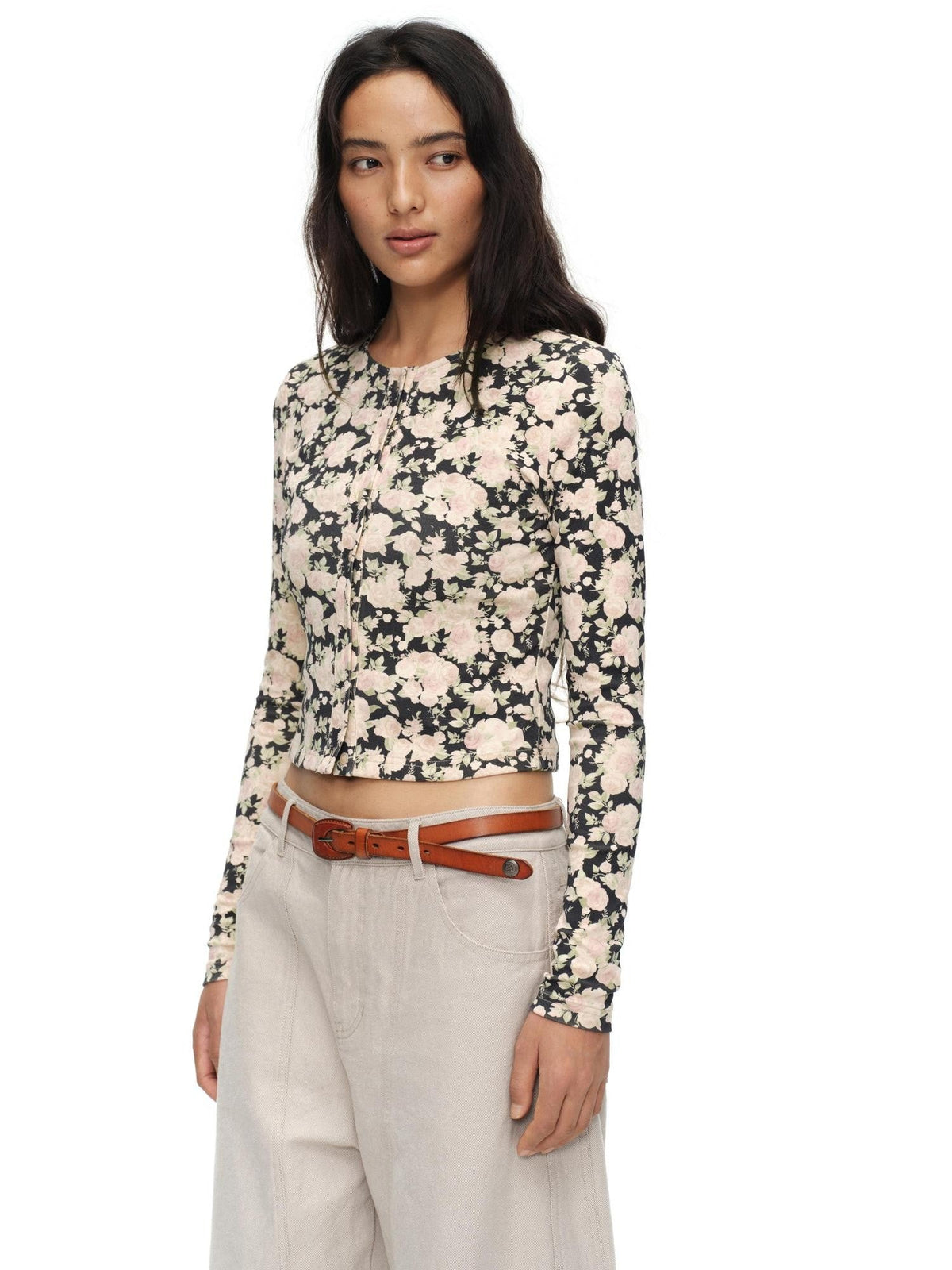 Cropped Floral Print Fitted Round Neck Women'S Cotton Cardigans