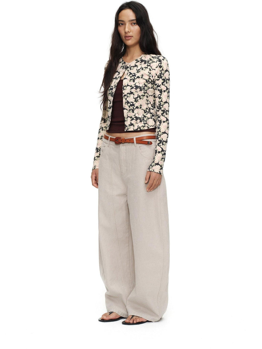 Cropped Floral Print Fitted Round Neck Women'S Cotton Cardigans