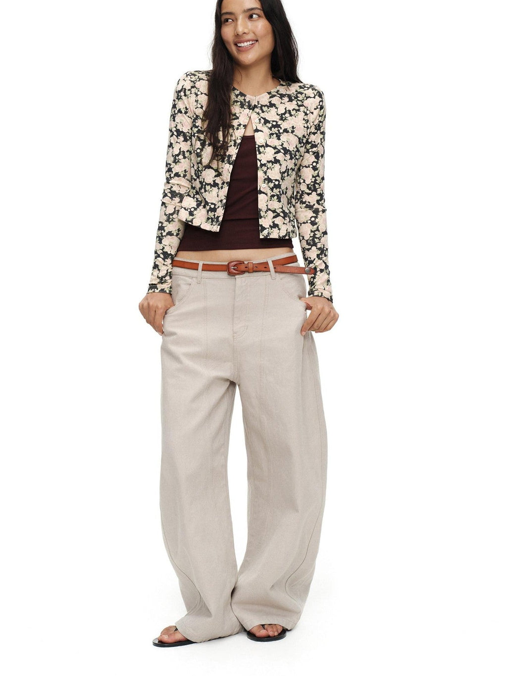 Cropped Floral Print Fitted Round Neck Women'S Cotton Cardigans