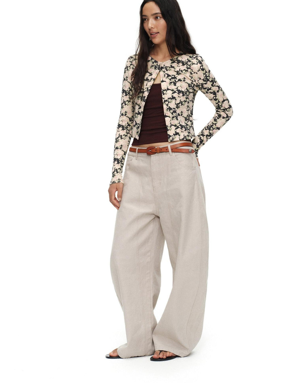 Cropped Floral Print Fitted Round Neck Women'S Cotton Cardigans