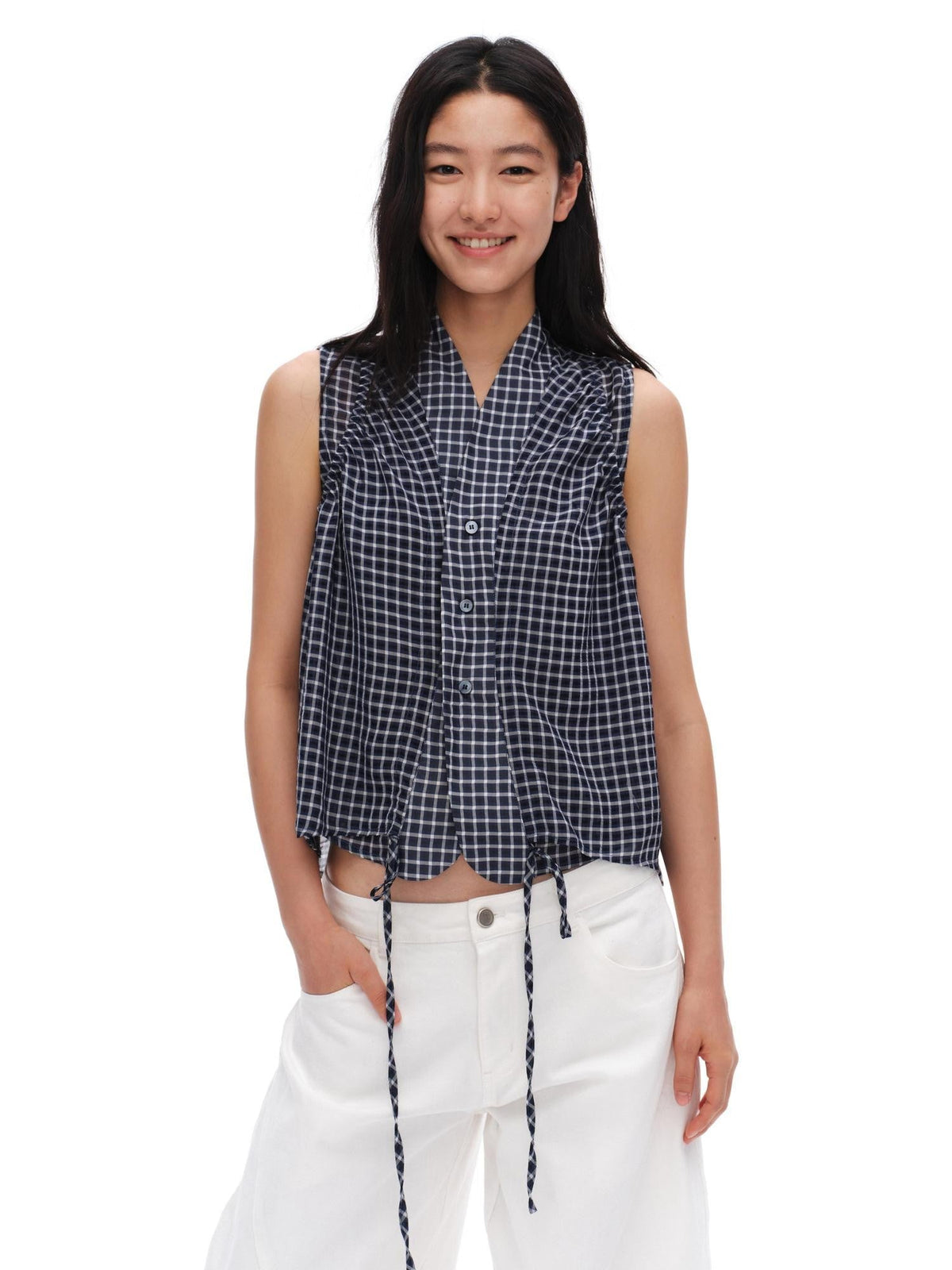 Deep Blue Plaid Shirred Drawstring Stand Collar Women'S Polyester Tank Tops