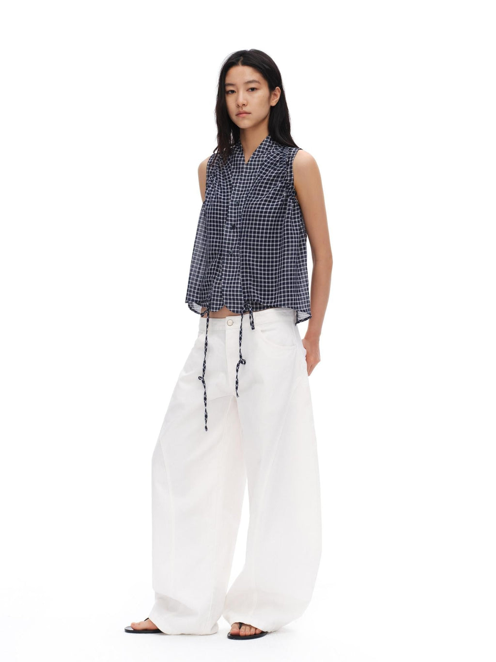 Deep Blue Plaid Shirred Drawstring Stand Collar Women'S Polyester Tank Tops