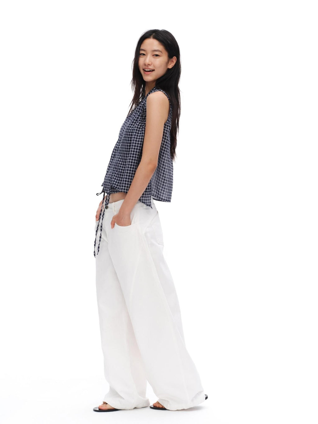 Deep Blue Plaid Shirred Drawstring Stand Collar Women'S Polyester Tank Tops