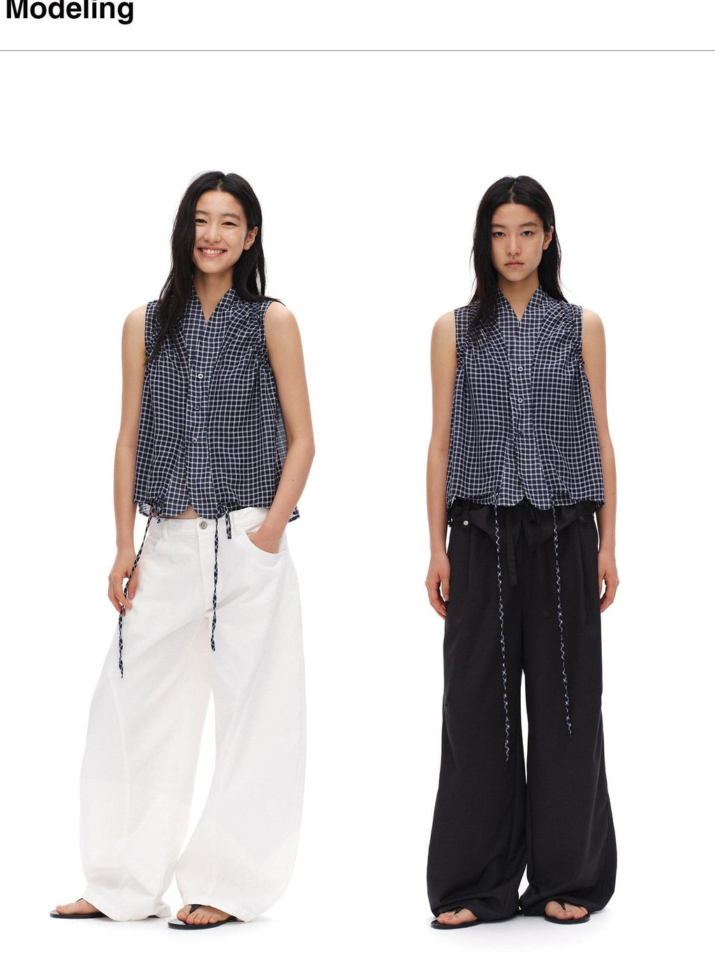 Deep Blue Plaid Shirred Drawstring Stand Collar Women'S Polyester Tank Tops