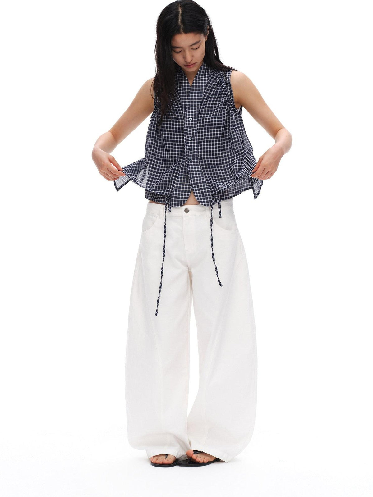 Deep Blue Plaid Shirred Drawstring Stand Collar Women'S Polyester Tank Tops