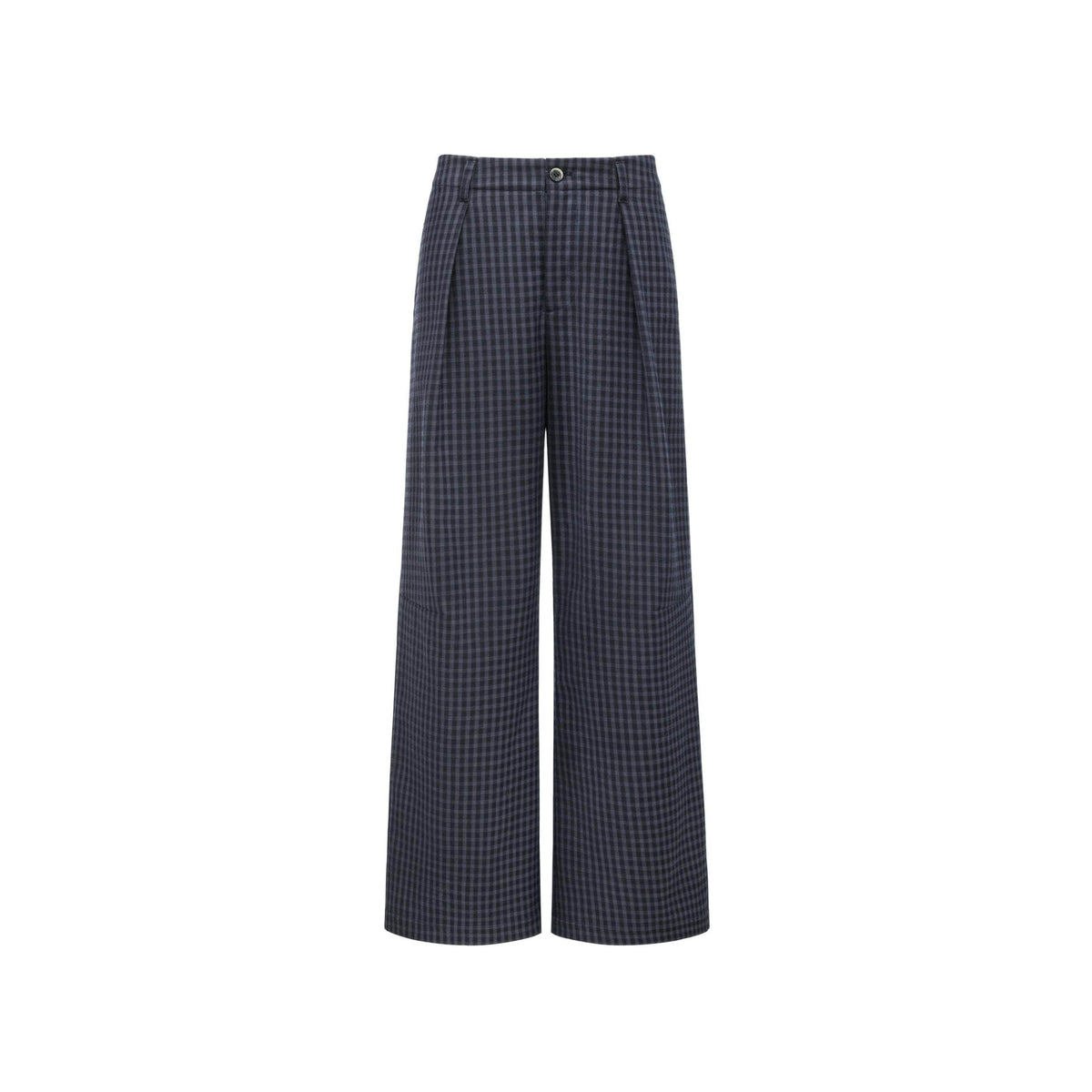 Deep Navy Plaid Wide Leg Natural Waist Button Closure Casual Pants