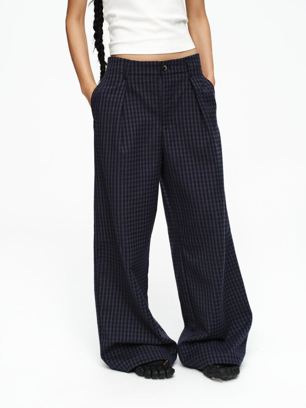 Deep Navy Plaid Wide Leg Natural Waist Button Closure Casual Pants