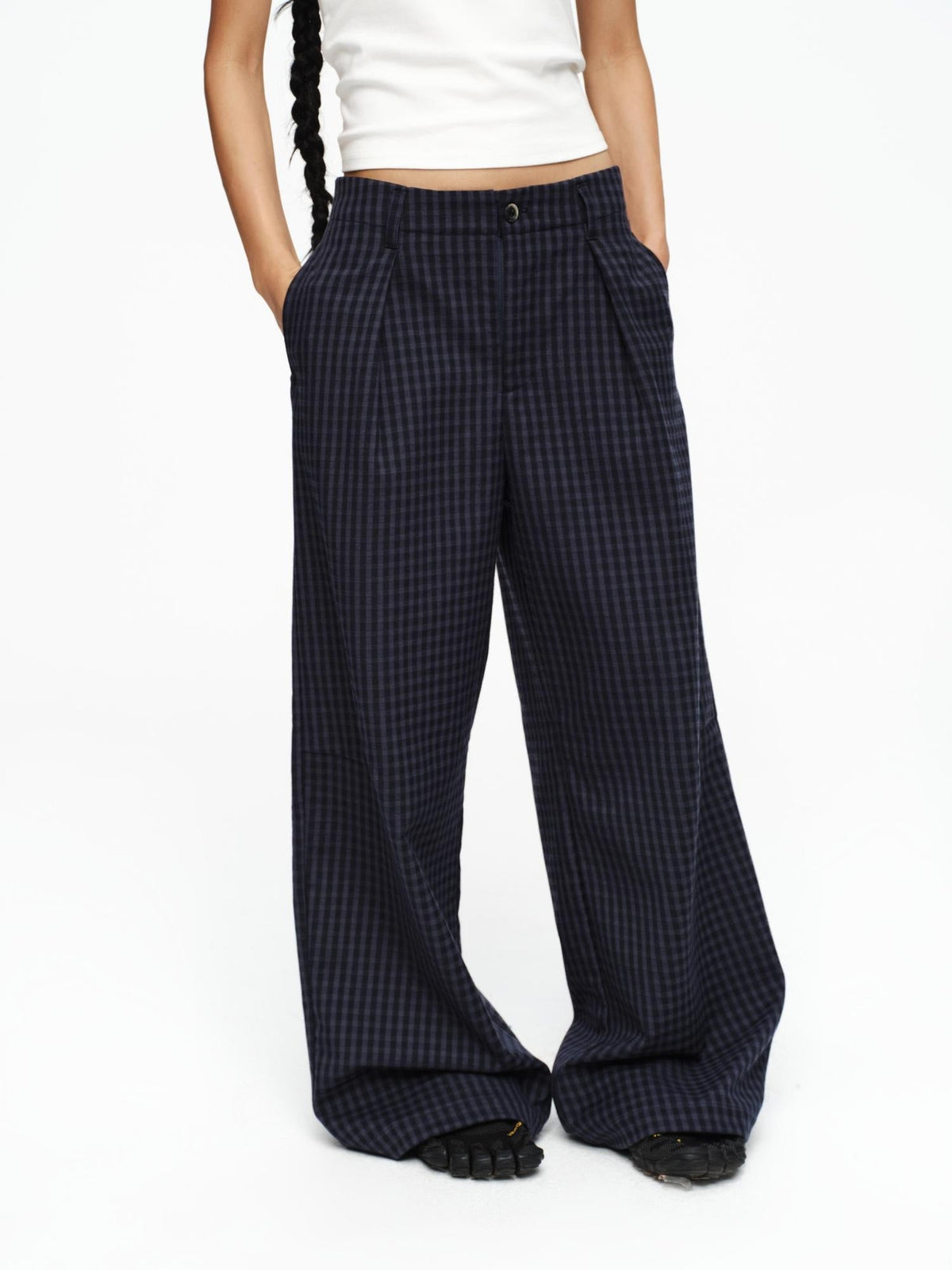 Deep Navy Plaid Wide Leg Natural Waist Button Closure Casual Pants