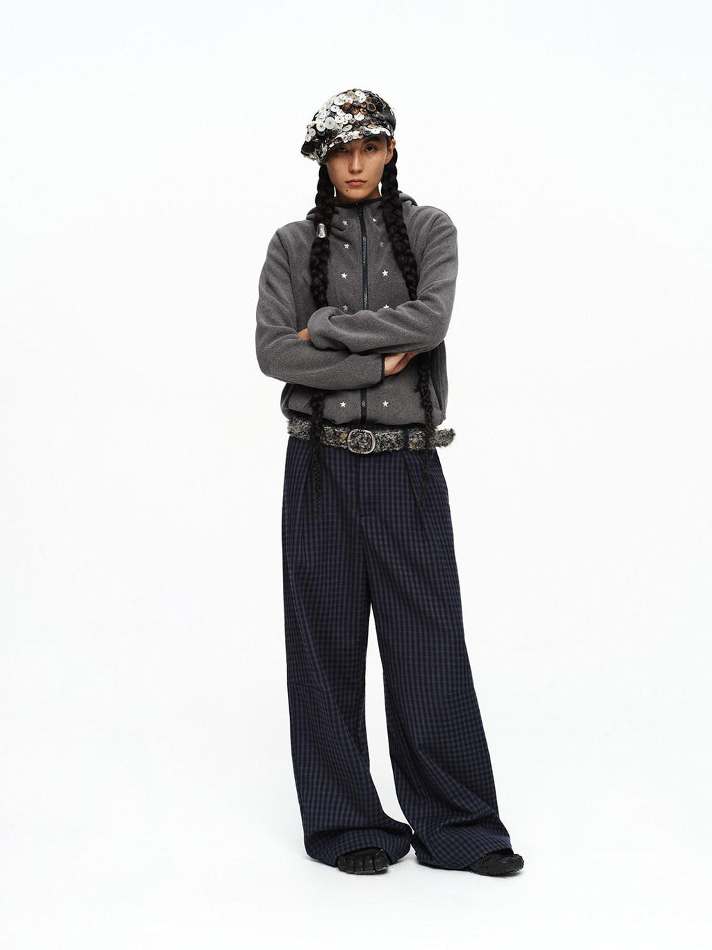 Deep Navy Plaid Wide Leg Natural Waist Button Closure Casual Pants