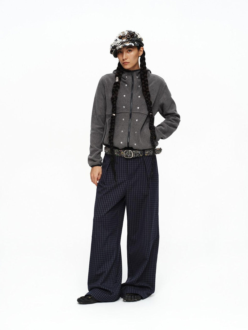 Deep Navy Plaid Wide Leg Natural Waist Button Closure Casual Pants