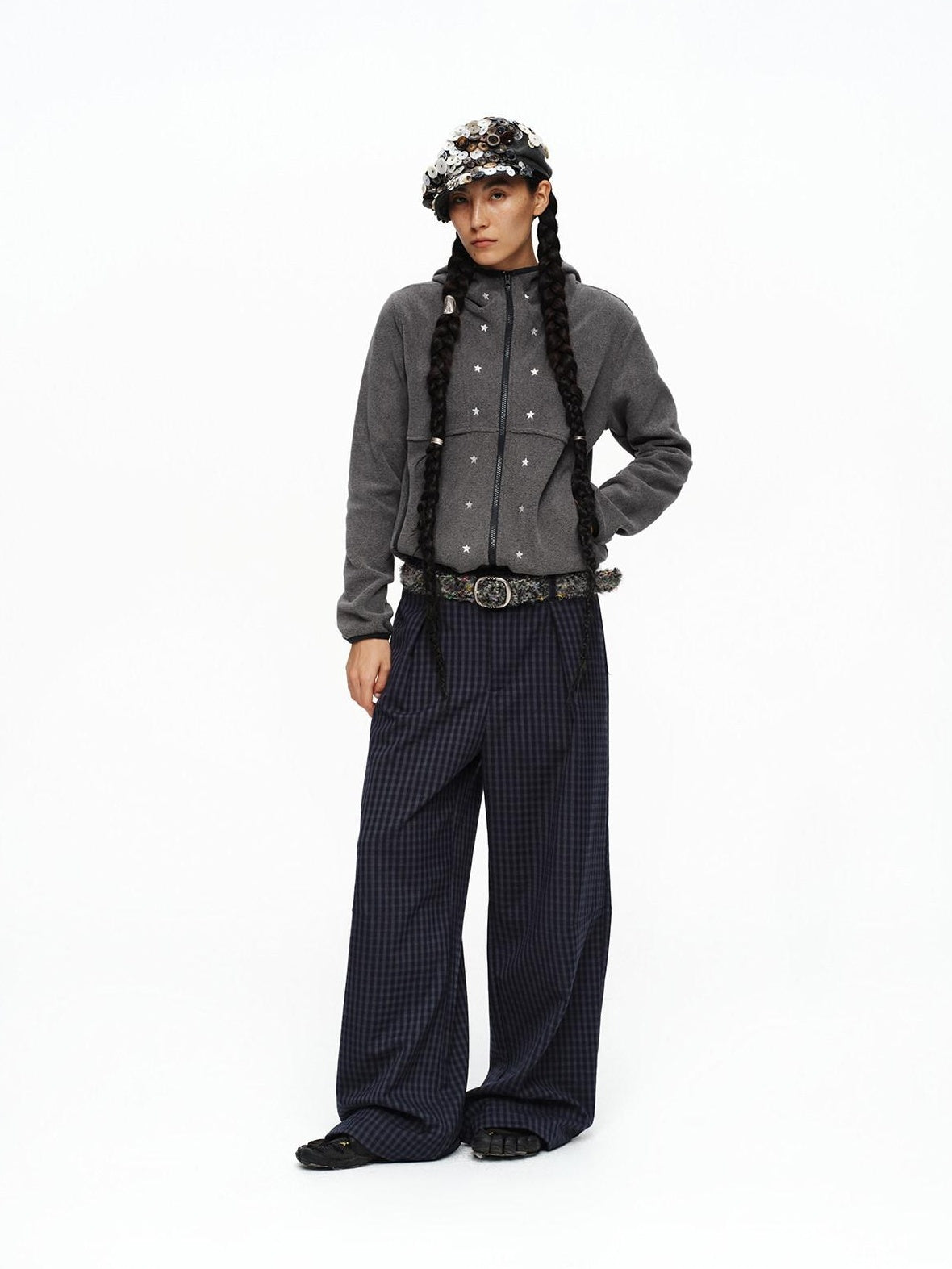 Deep Navy Plaid Wide Leg Natural Waist Button Closure Casual Pants