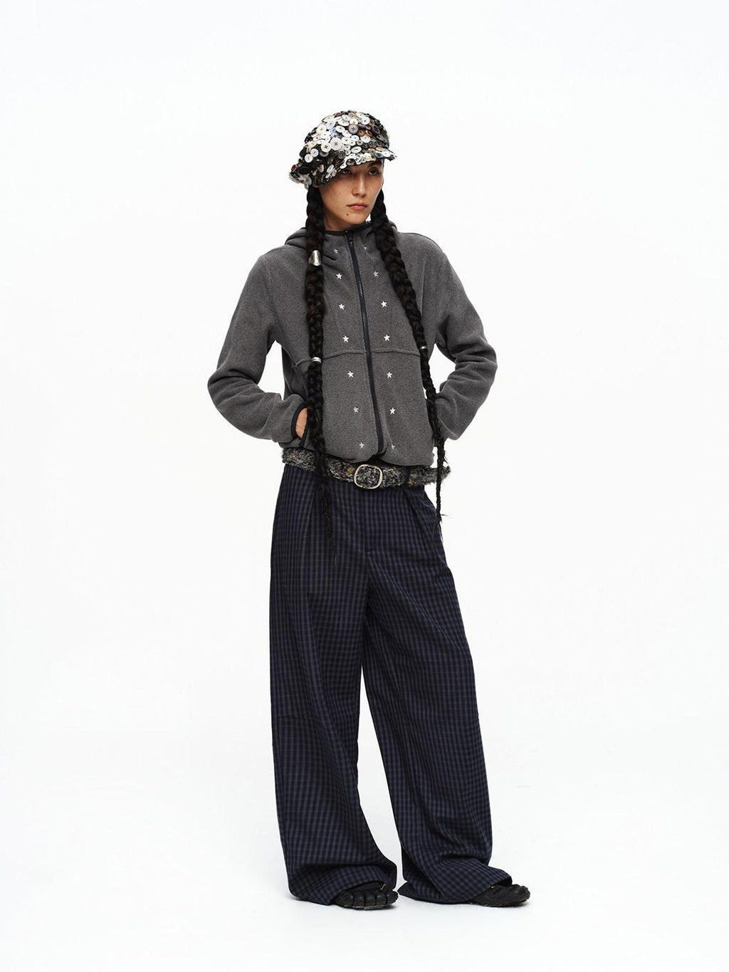 Deep Navy Plaid Wide Leg Natural Waist Button Closure Casual Pants