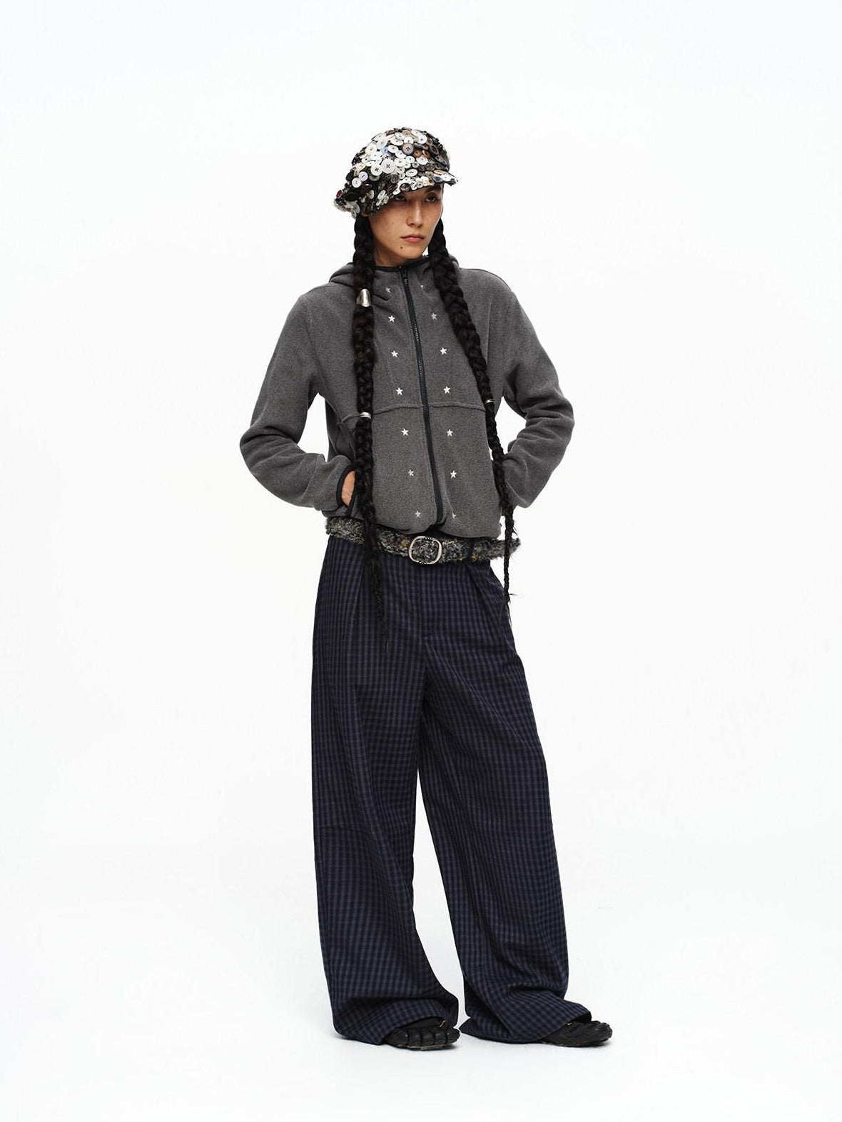 Deep Navy Plaid Wide Leg Natural Waist Button Closure Casual Pants