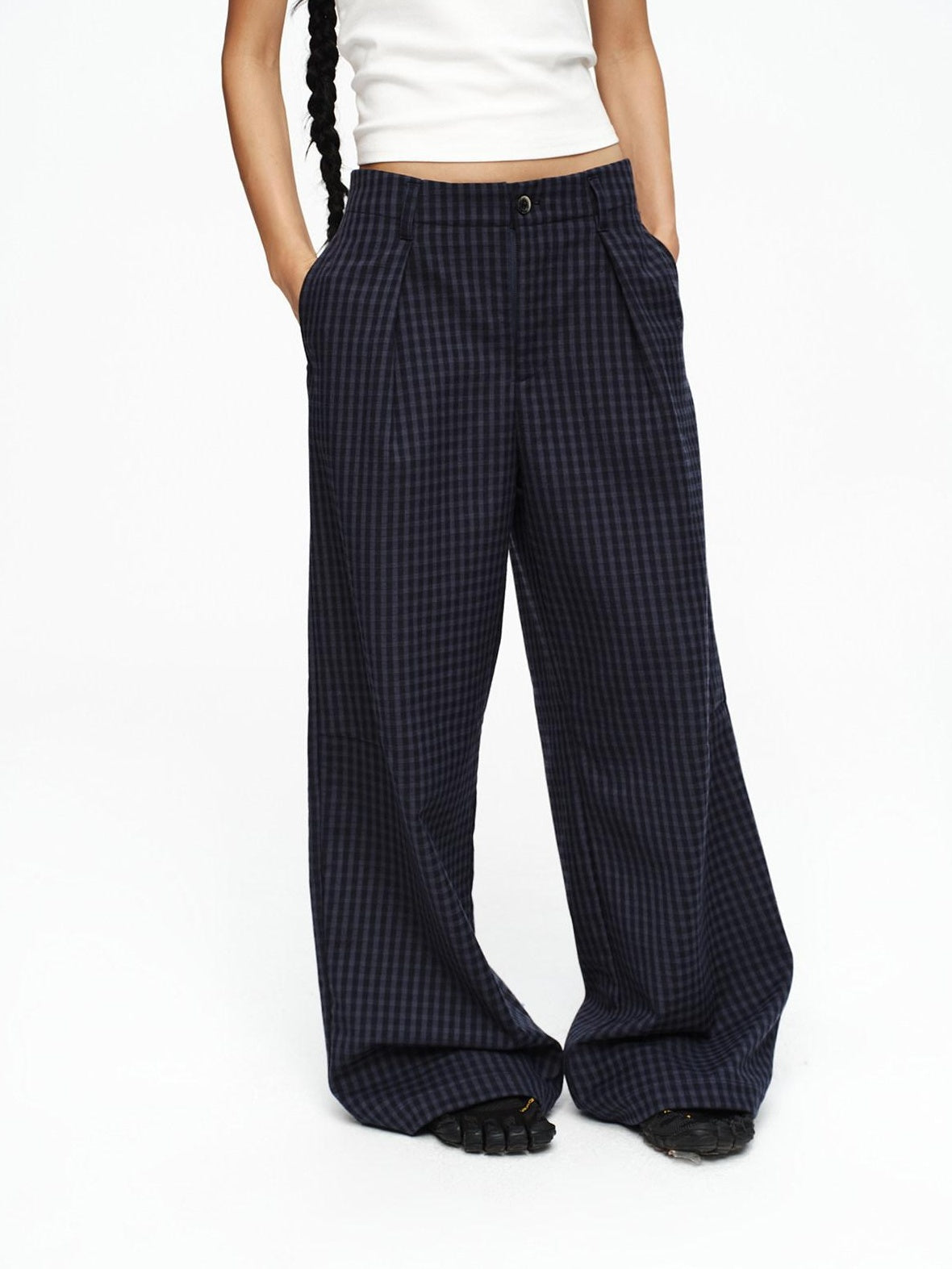 Deep Navy Plaid Wide Leg Natural Waist Button Closure Casual Pants