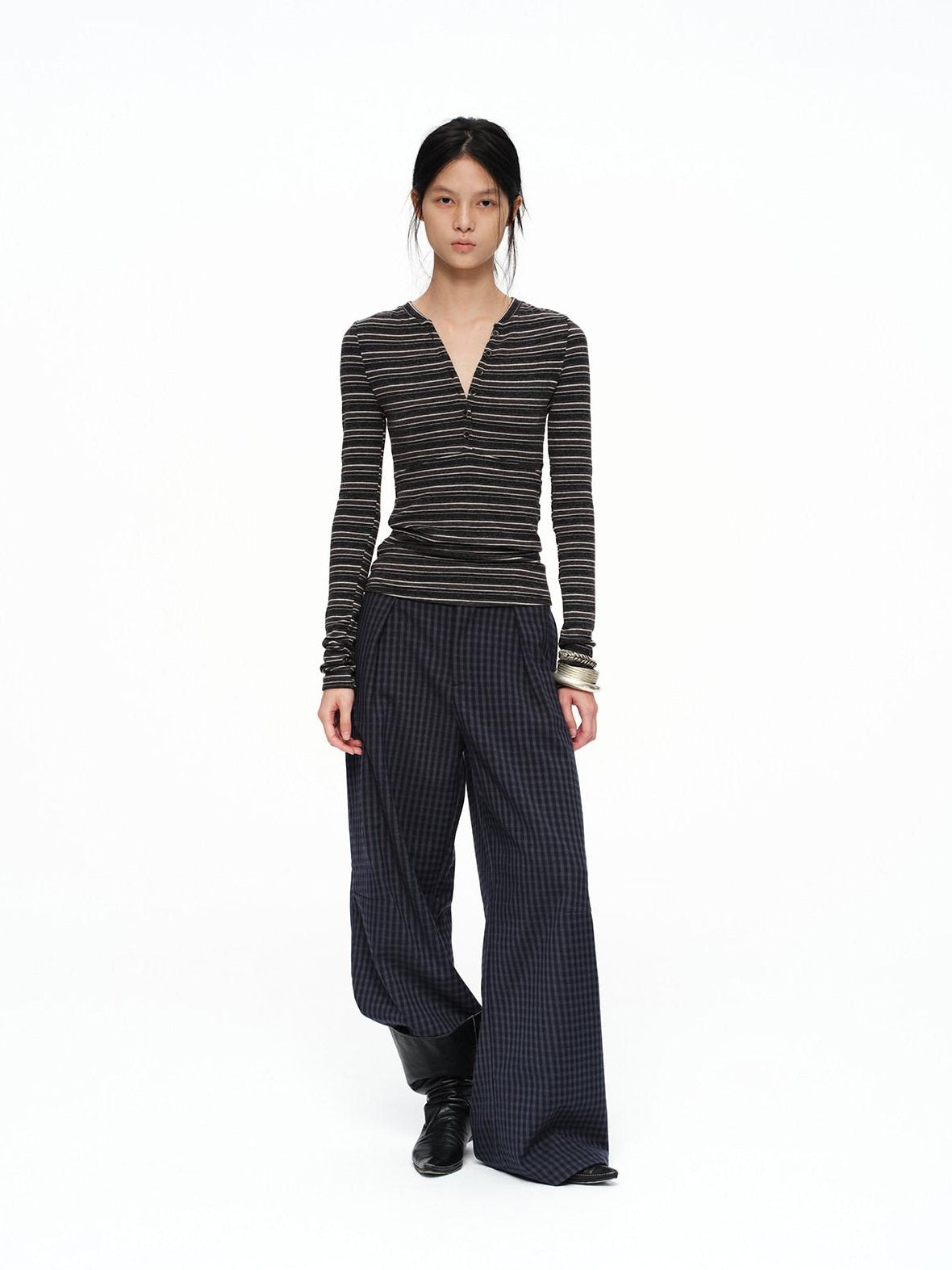 Deep Navy Plaid Wide Leg Natural Waist Button Closure Casual Pants