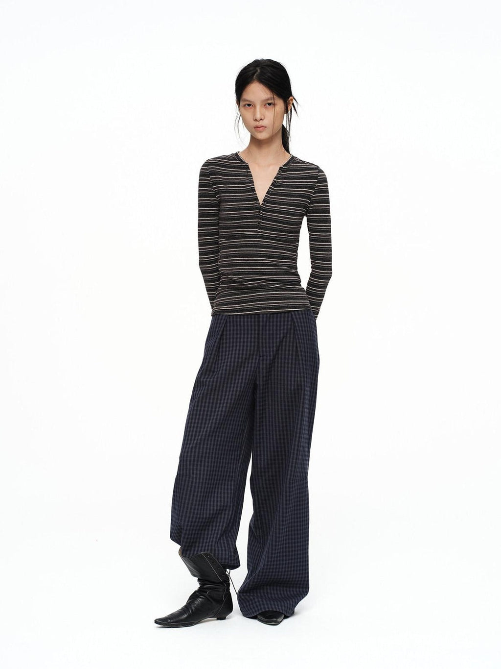 Deep Navy Plaid Wide Leg Natural Waist Button Closure Casual Pants