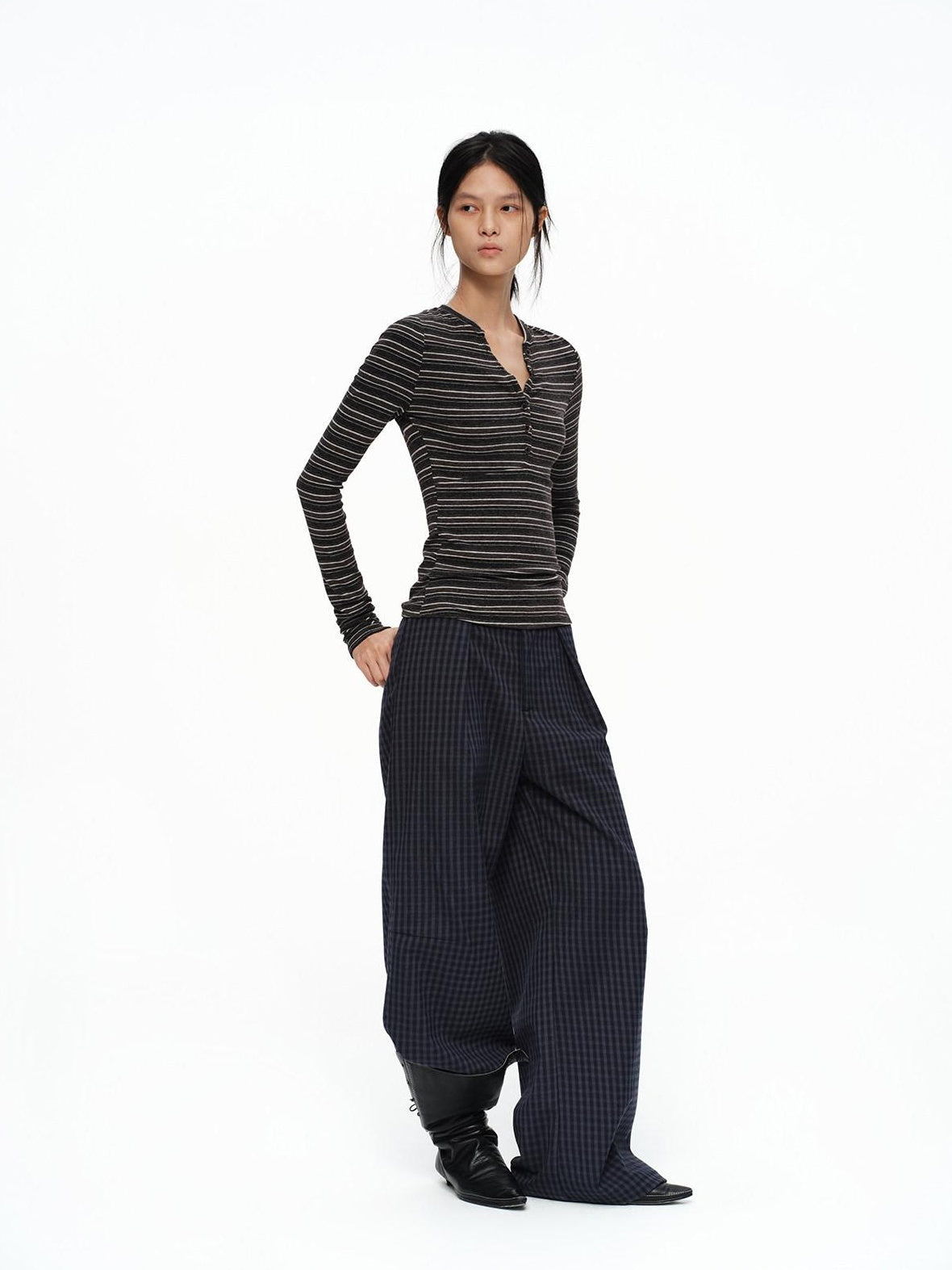 Deep Navy Plaid Wide Leg Natural Waist Button Closure Casual Pants