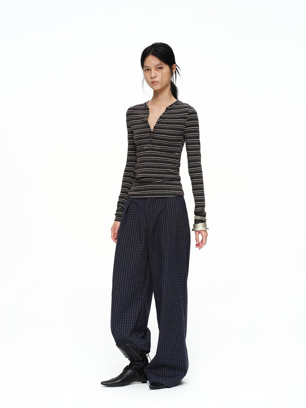 Deep Navy Plaid Wide Leg Natural Waist Button Closure Casual Pants