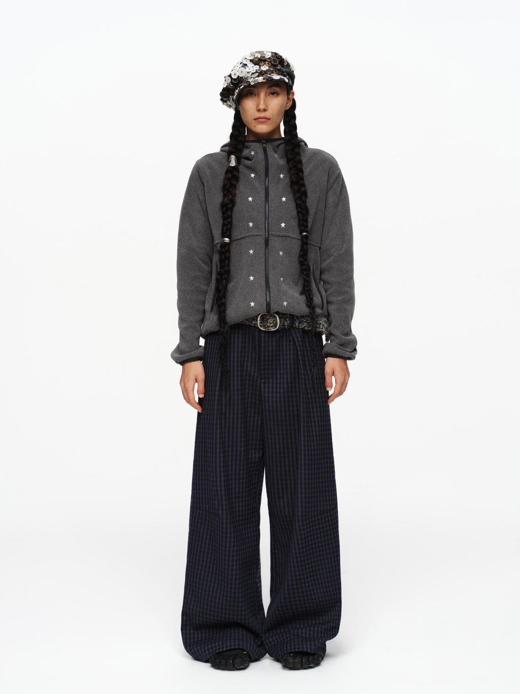 Deep Navy Plaid Wide Leg Natural Waist Button Closure Casual Pants