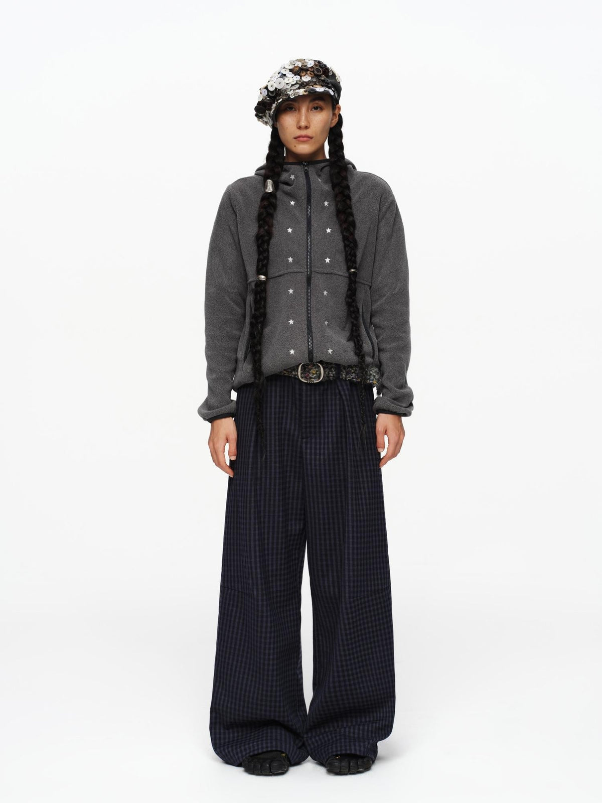 Deep Navy Plaid Wide Leg Natural Waist Button Closure Casual Pants