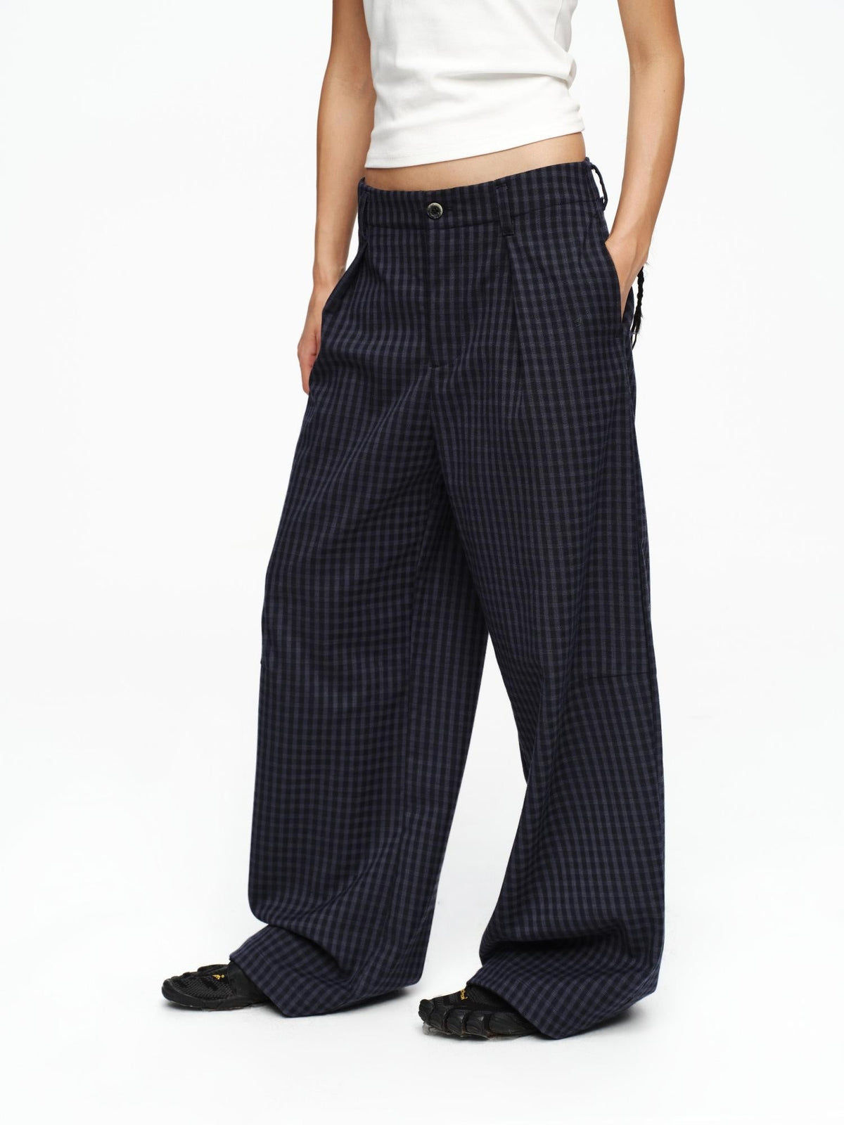 Deep Navy Plaid Wide Leg Natural Waist Button Closure Casual Pants