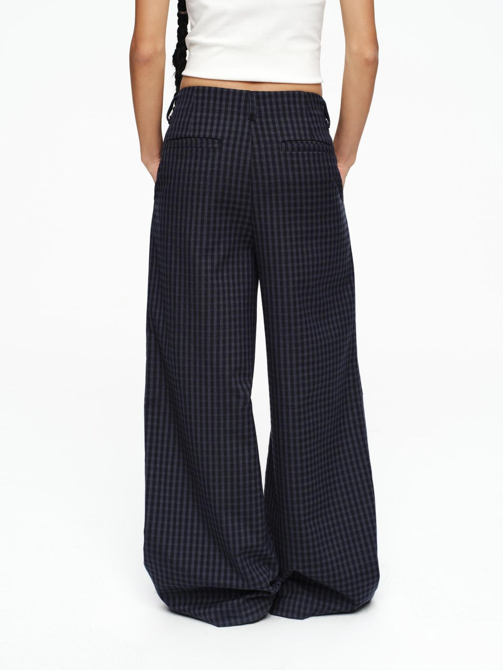 Deep Navy Plaid Wide Leg Natural Waist Button Closure Casual Pants