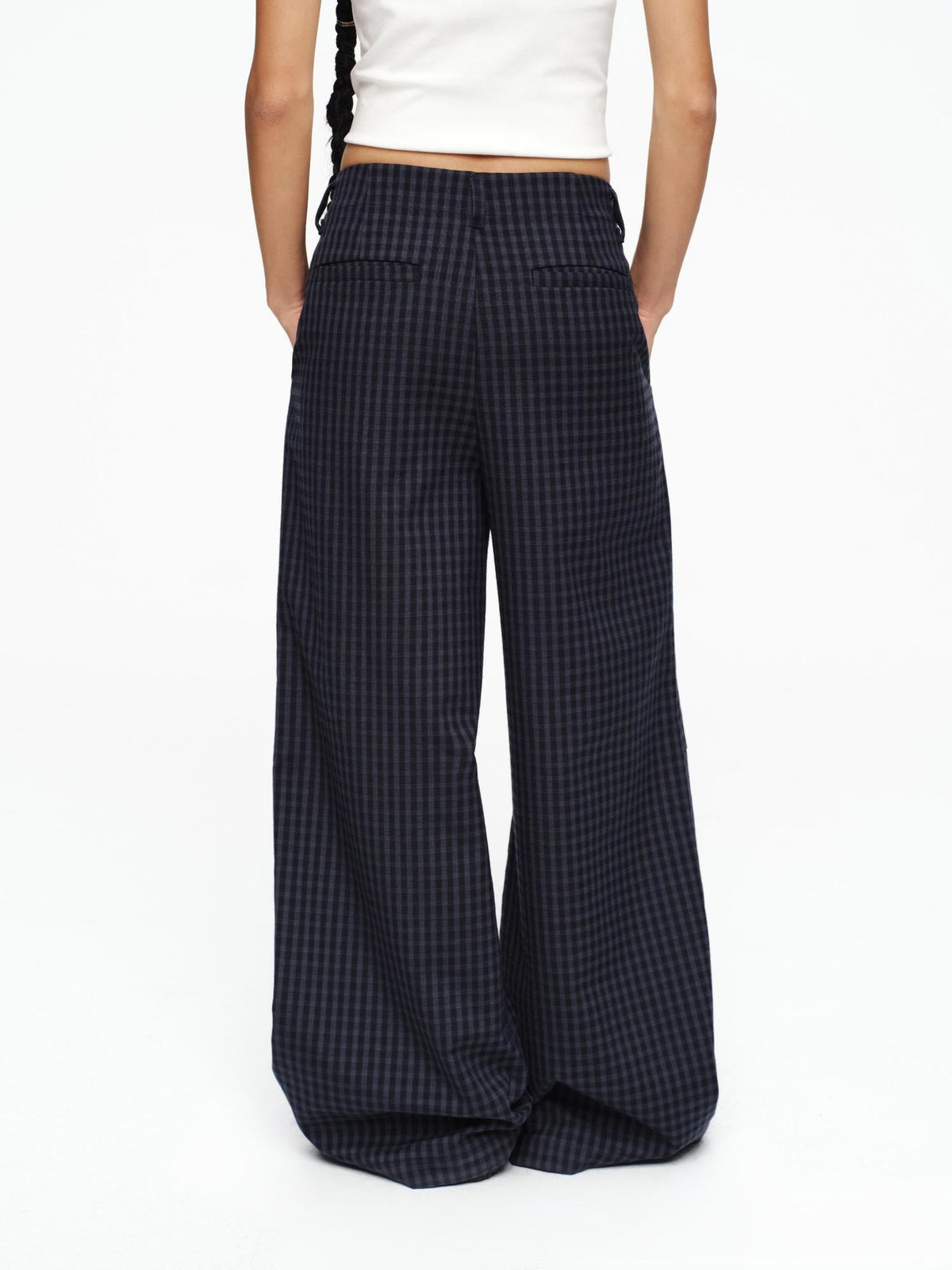 Deep Navy Plaid Wide Leg Natural Waist Button Closure Casual Pants