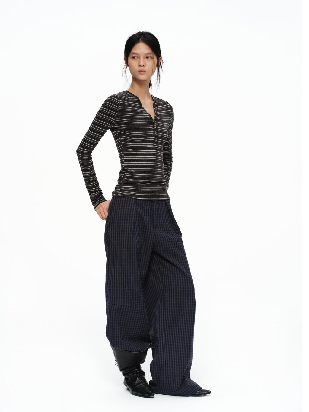 Deep Navy Plaid Wide Leg Natural Waist Button Closure Casual Pants