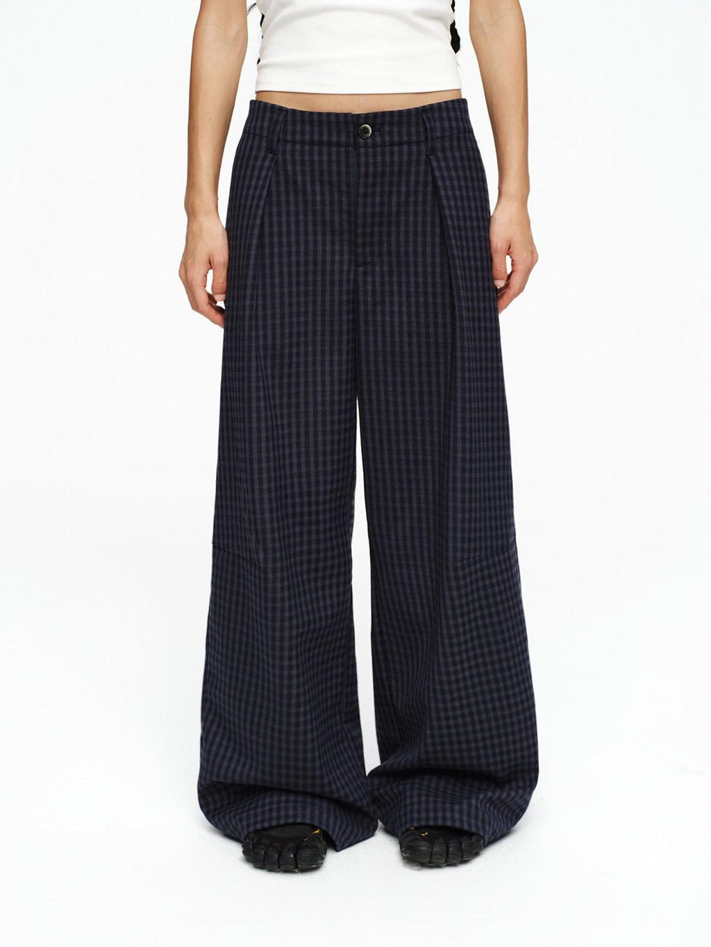 Deep Navy Plaid Wide Leg Natural Waist Button Closure Casual Pants