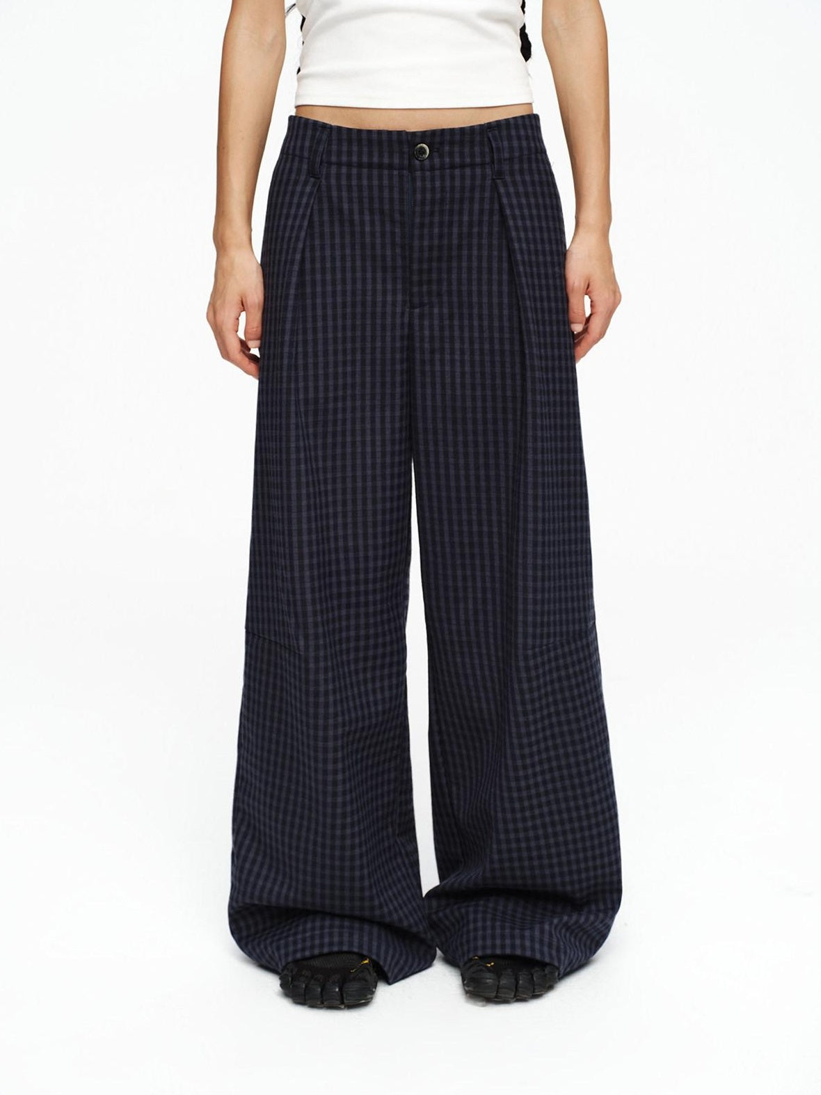 Deep Navy Plaid Wide Leg Natural Waist Button Closure Casual Pants