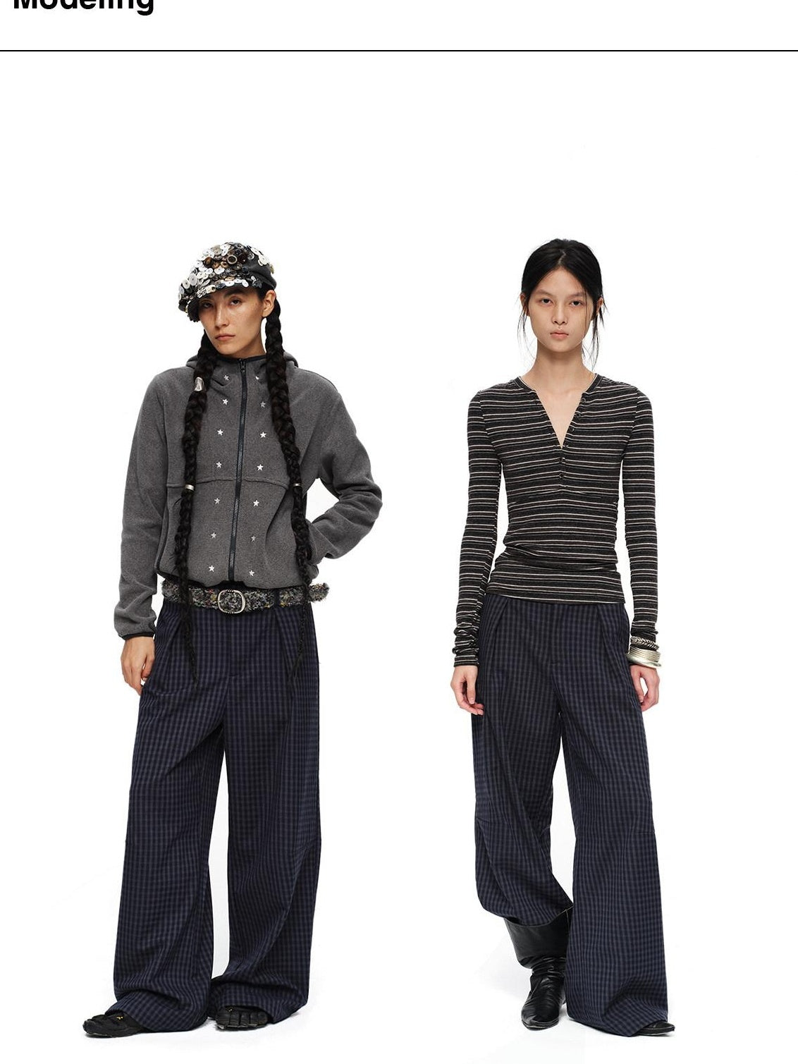 Deep Navy Plaid Wide Leg Natural Waist Button Closure Casual Pants