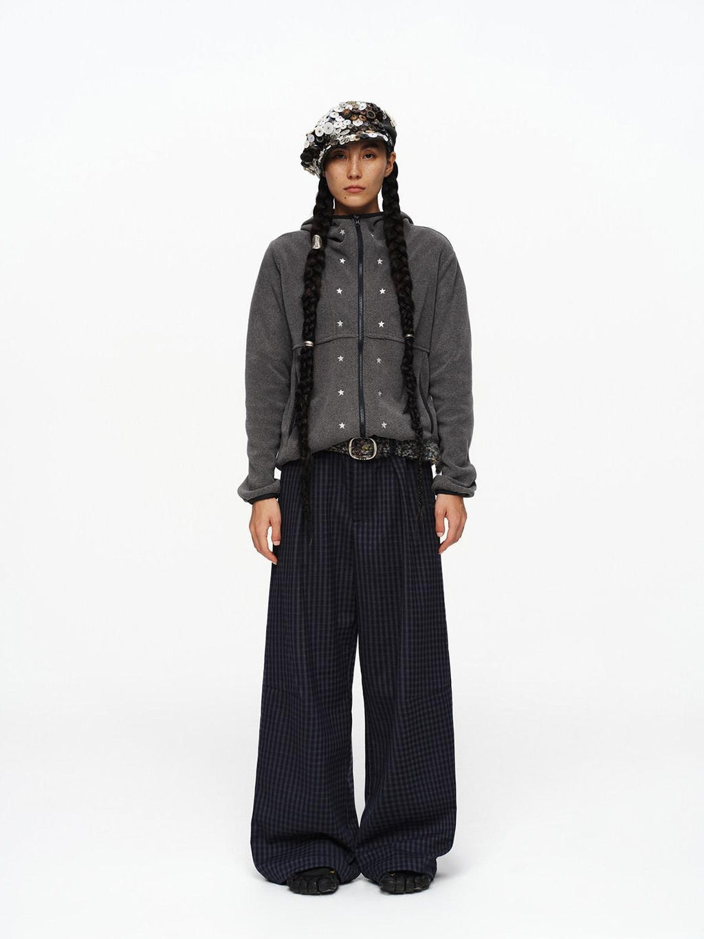 Deep Navy Plaid Wide Leg Natural Waist Button Closure Casual Pants