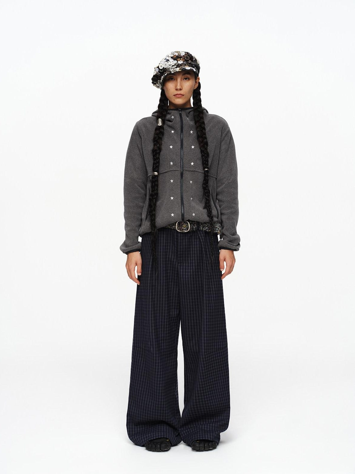Deep Navy Plaid Wide Leg Natural Waist Button Closure Casual Pants