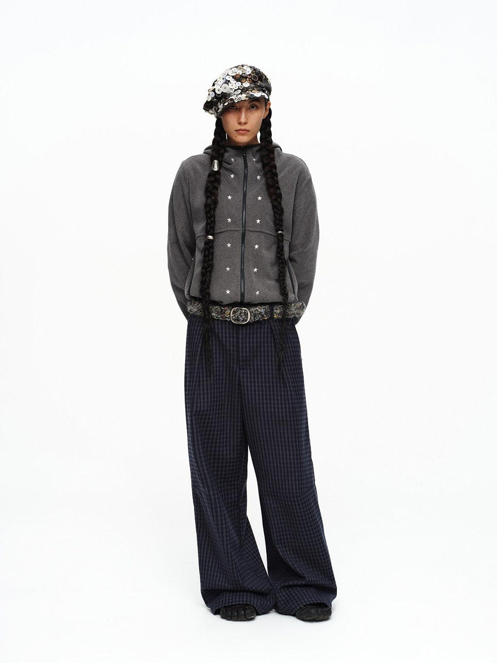 Deep Navy Plaid Wide Leg Natural Waist Button Closure Casual Pants