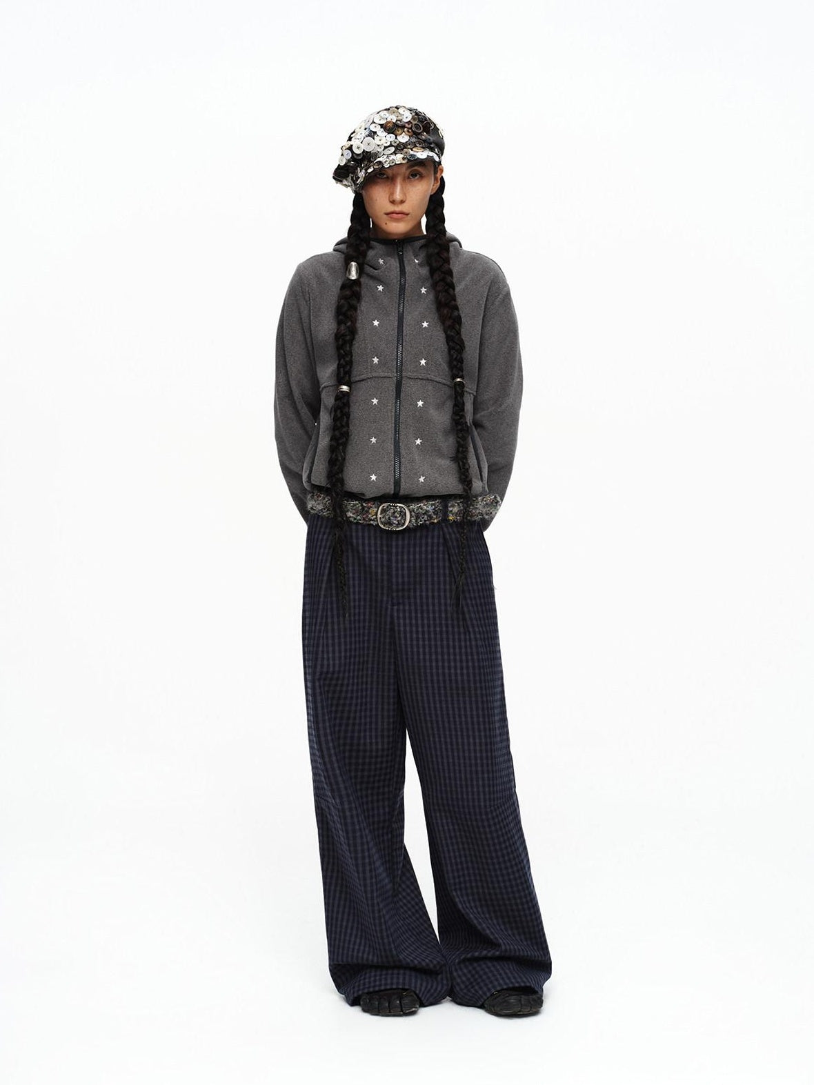 Deep Navy Plaid Wide Leg Natural Waist Button Closure Casual Pants