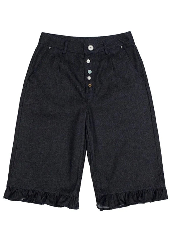 Denim Blue Ruffled Capri Pants With Playful Buttons