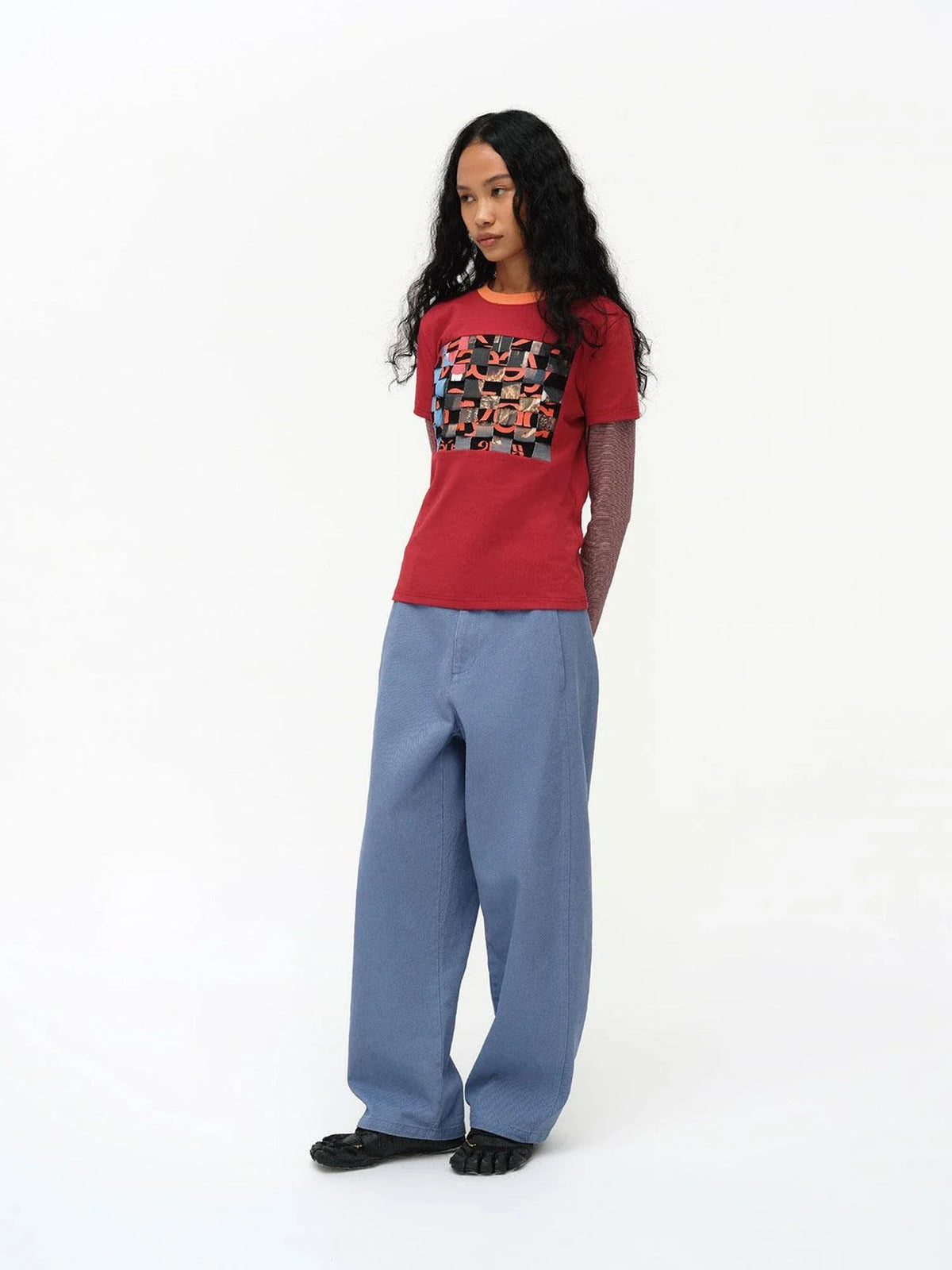 Distressed Mosaic Collar Long Sleeve Tee