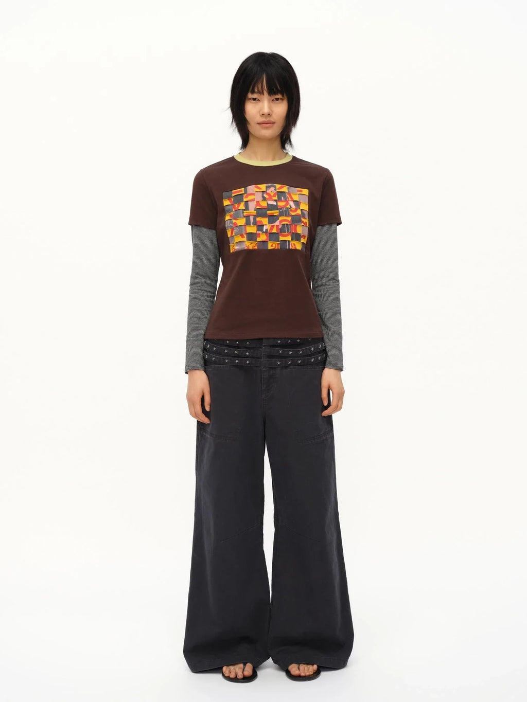 Distressed Mosaic Collar Long Sleeve Tee