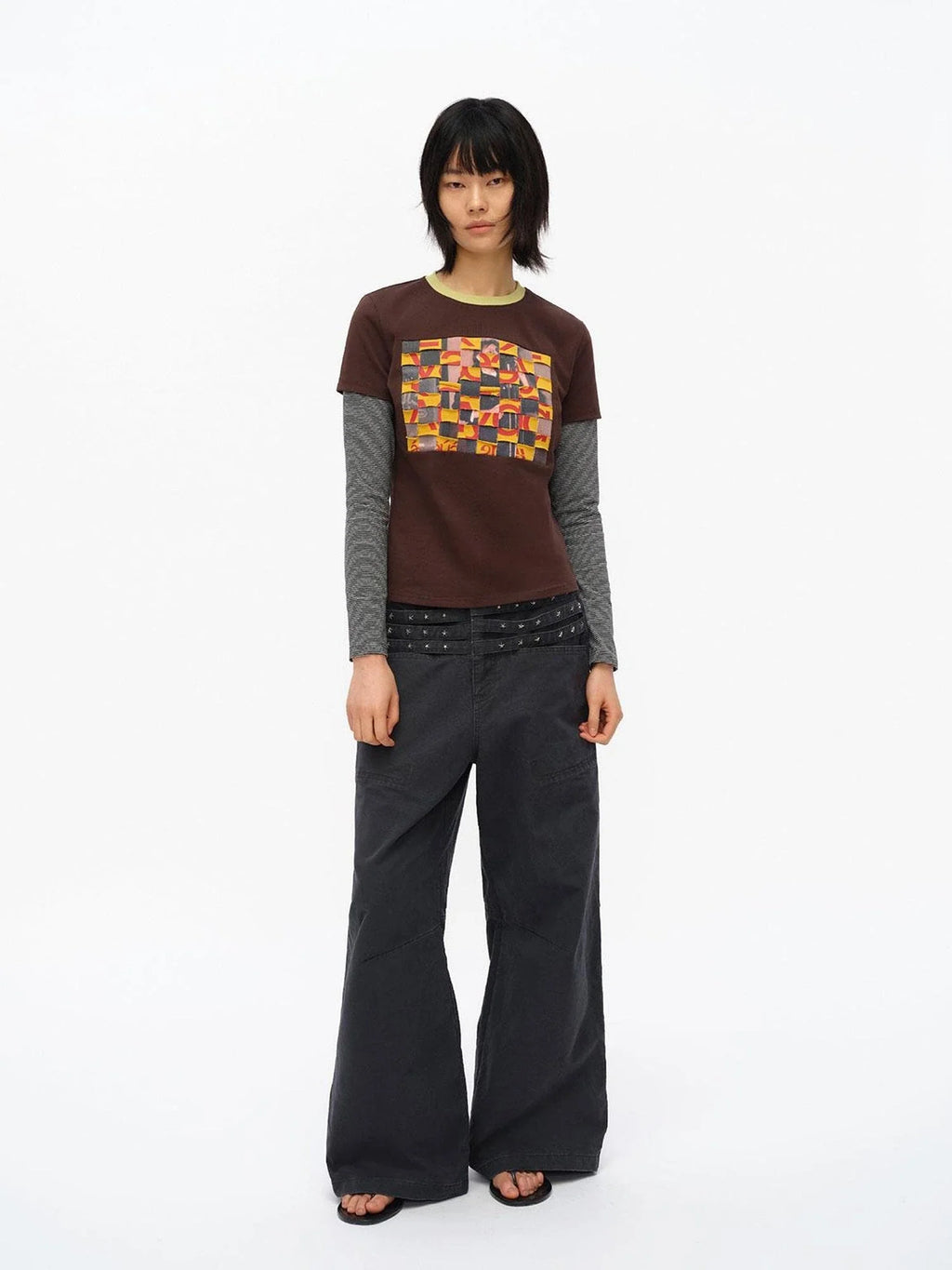 Distressed Mosaic Collar Long Sleeve Tee