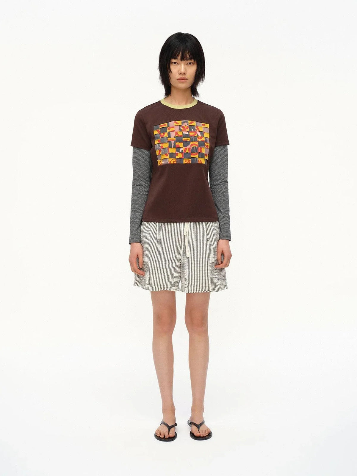 Distressed Mosaic Collar Long Sleeve Tee