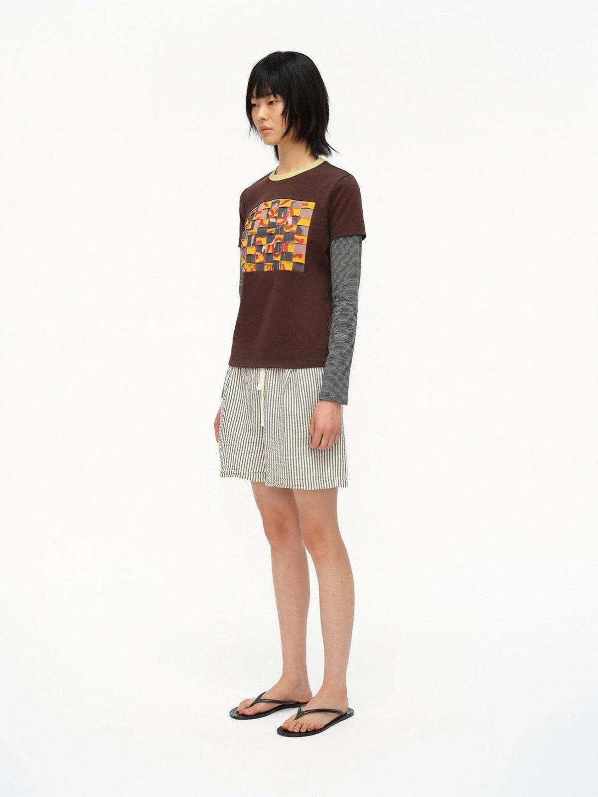 Distressed Mosaic Collar Long Sleeve Tee