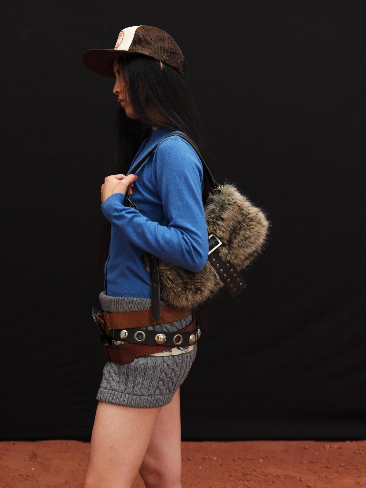 Faux Fur Belt Accent Vintage Pillow Single Strap Underarm Daily Youth Bag