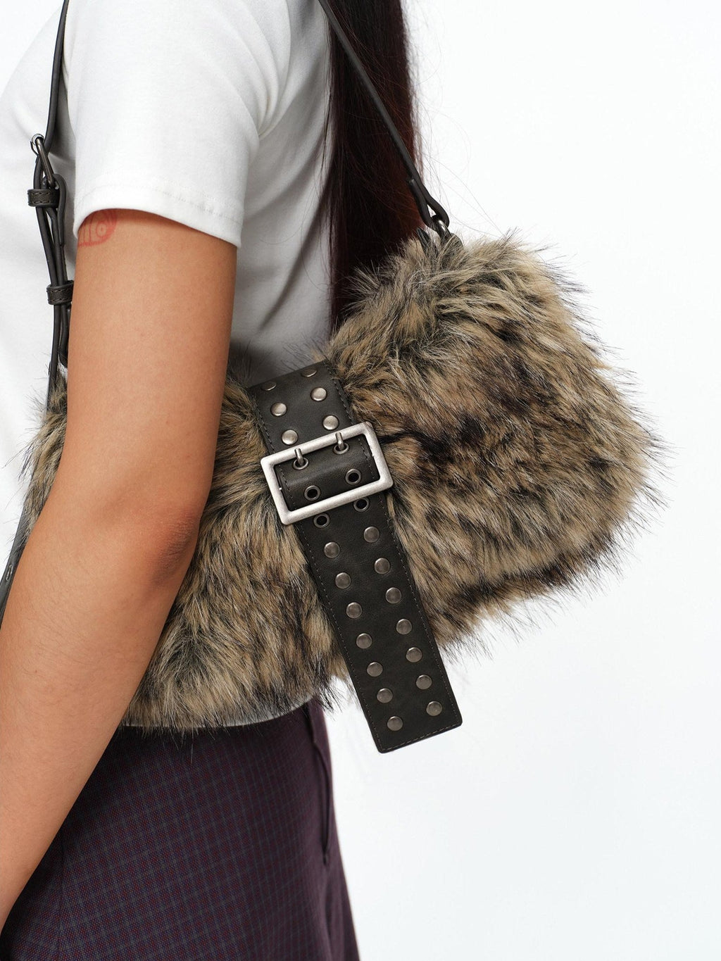 Faux Fur Belt Accent Vintage Pillow Single Strap Underarm Daily Youth Bag