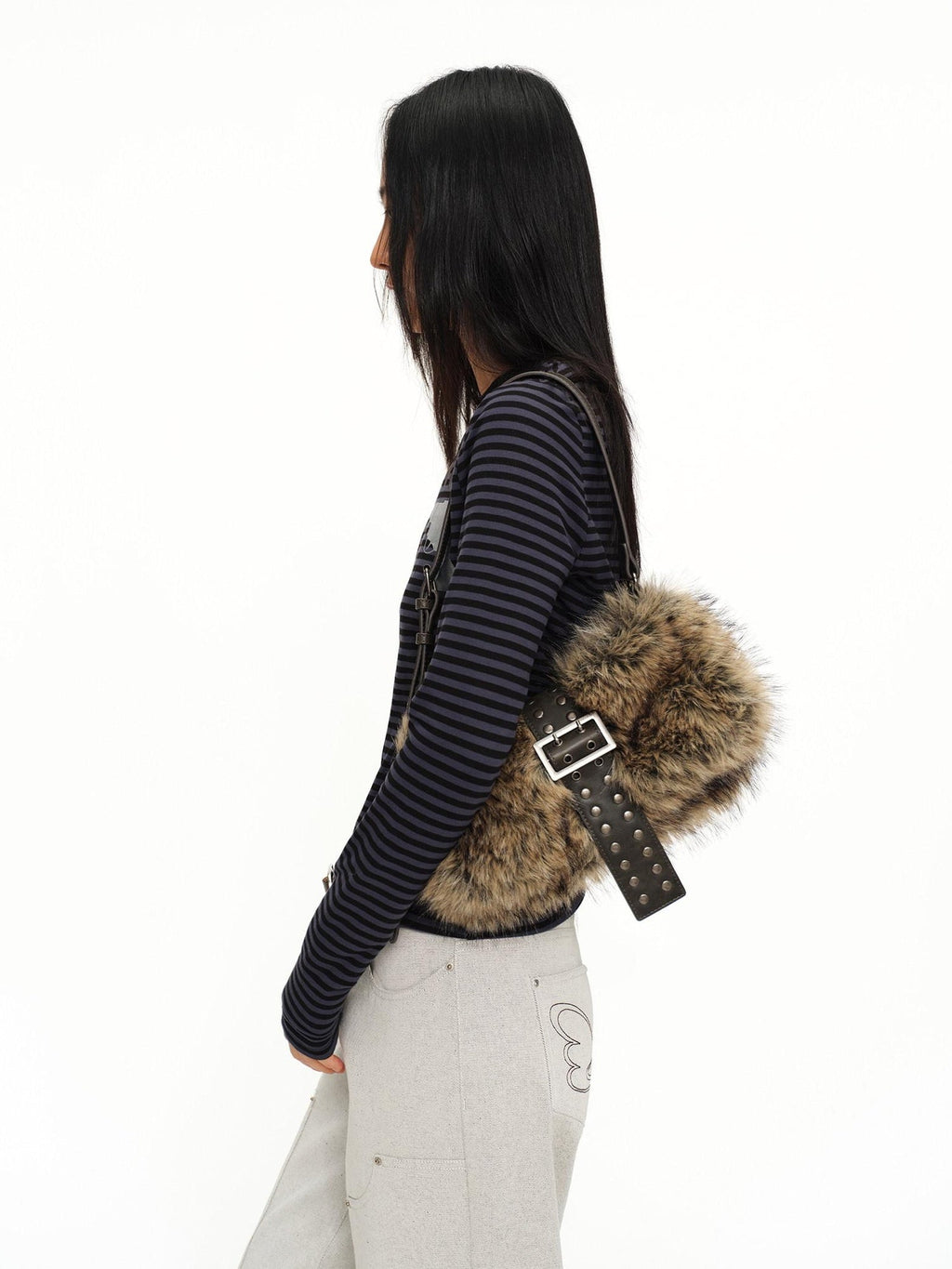 Faux Fur Belt Accent Vintage Pillow Single Strap Underarm Daily Youth Bag