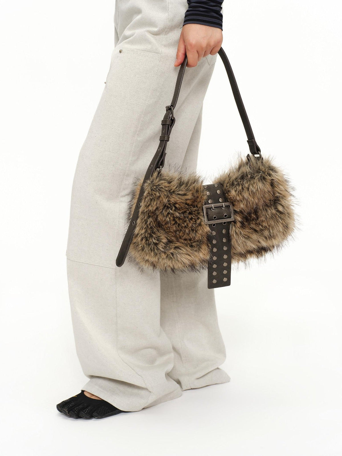 Faux Fur Belt Accent Vintage Pillow Single Strap Underarm Daily Youth Bag
